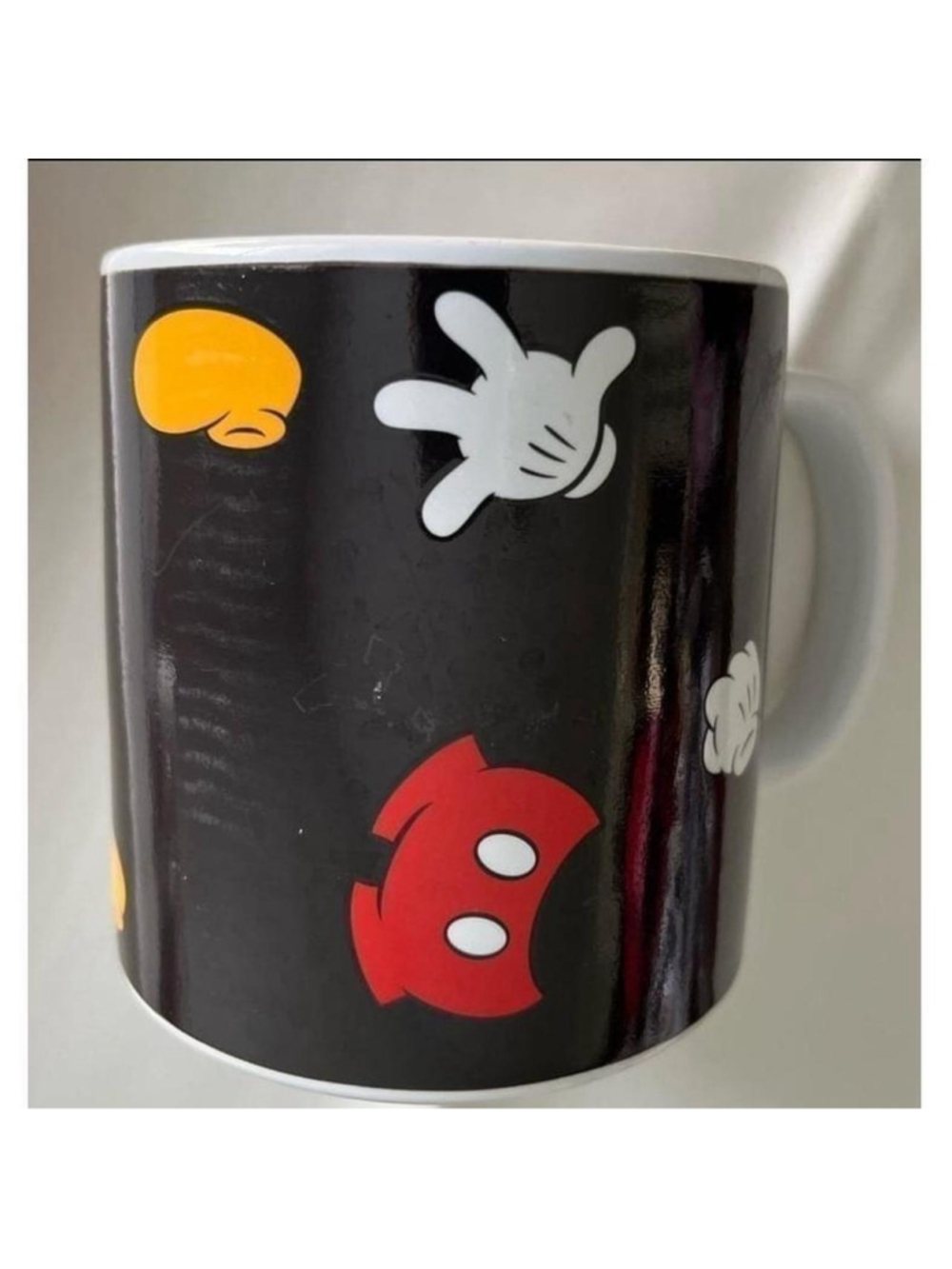 Disney Coffee Mug Dark Brown Black White Red Yellow Accents Mickey Mouse Red Pan